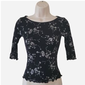 Romantic Goth Black and Silver Floral Top with Lettuce Trim Hem